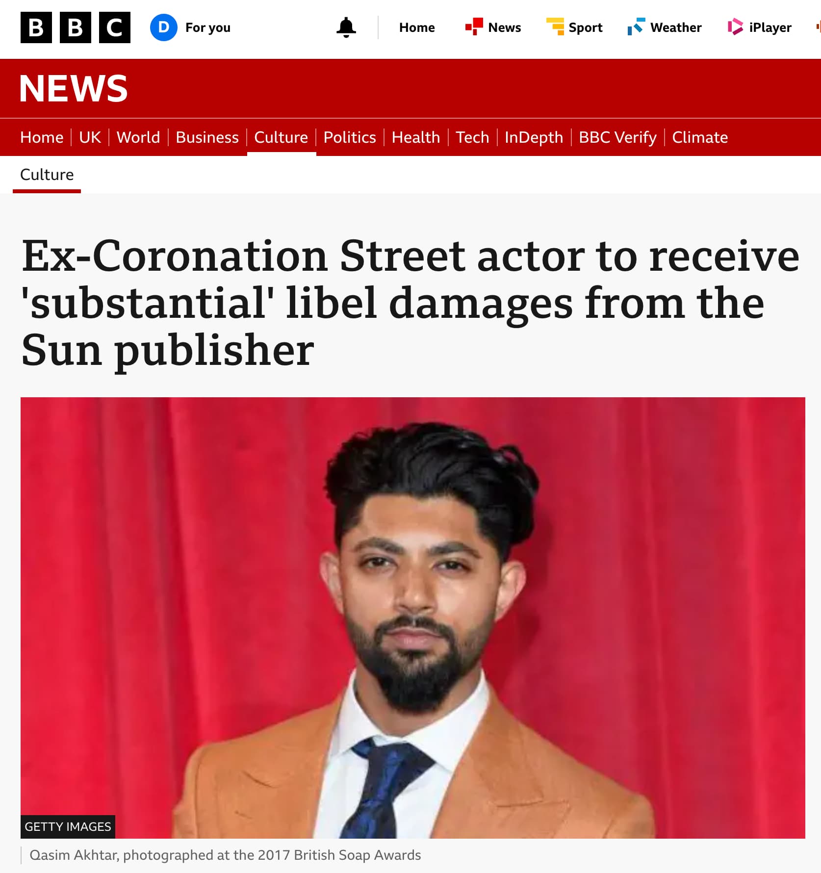 BBC News report: Ex-Coronation Street actor to receive substantial libel damages from the Sun publisher
