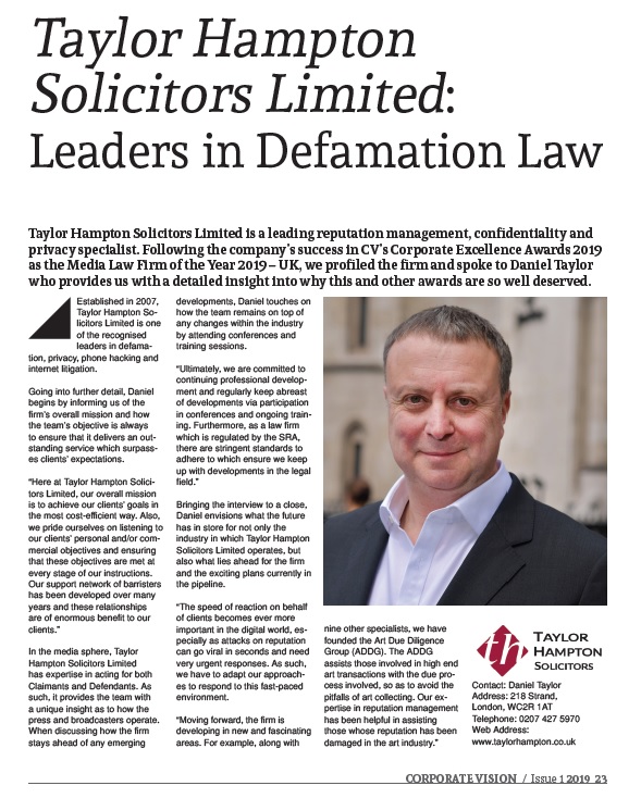 award winning law firm Media Awards defamation
